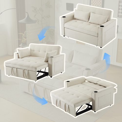 Canapé Convertible 2 Places Avec 2 Porte-gobelets Velours Beige