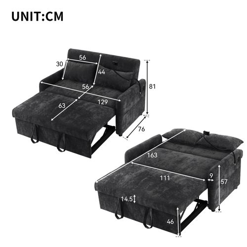 Canapé Convertible 2 Places Avec 1 Port USB Chenille Gris