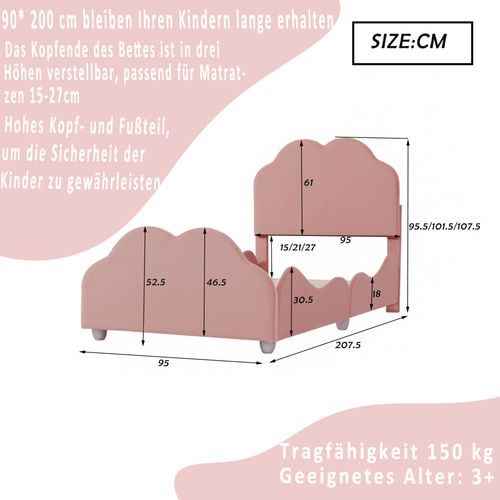 Lit Enfant 90 X 200 Cm Avec Tête De Lit Et Pied De Lit En Forme De Nuage En Rose