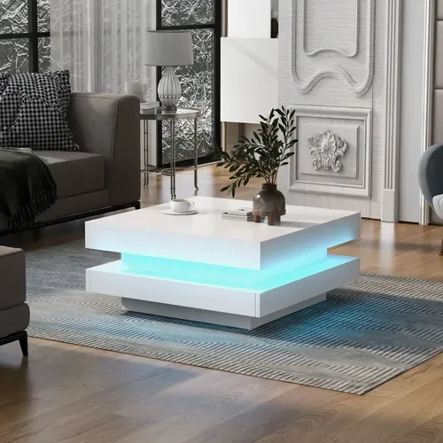 Table Basse Carrée Blanc Avec LED, 70x70x36 Cm