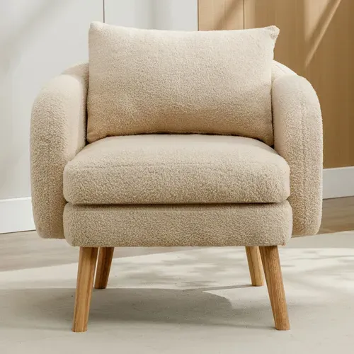 Fauteuil Teddy Avec Coussins Et Pieds En Bois Massif Beige