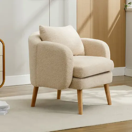 Fauteuil Teddy Avec Coussins Et Pieds En Bois Massif Beige