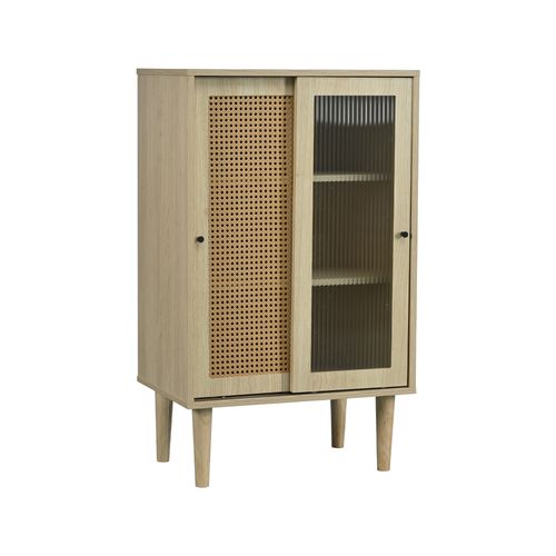 Buffet 3 Portes En Verre - Chêne Artisanal - Dimensions 100x35x75 Cm - Style Moderne Pour Salle à Manger/salon - Beige
