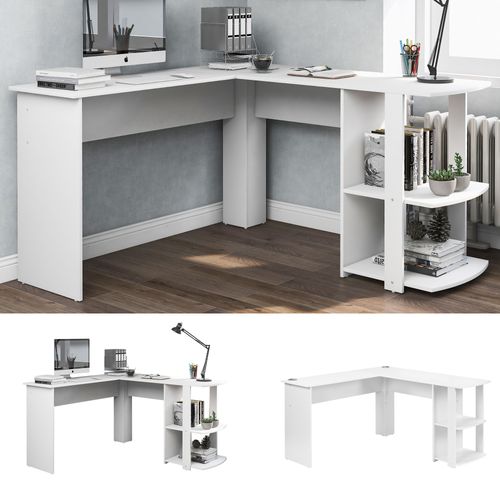 Bureau Angle 140 Cm, En L Avec 2 Étagères, Blanc