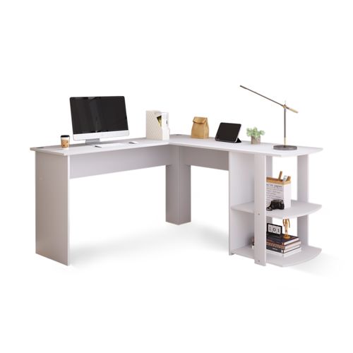 Bureau Angle 140 Cm, En L Avec 2 Étagères, Blanc