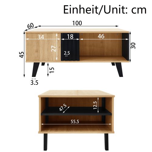Table Basse 100 X 60 X 45 Cm Avec 3 Espaces De Rangement En Noir Et Imitation Chêne