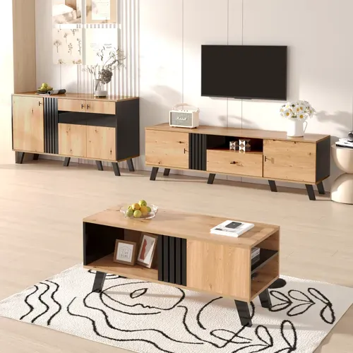 Table Basse 100 X 60 X 45 Cm Avec 3 Espaces De Rangement En Noir Et Imitation Chêne