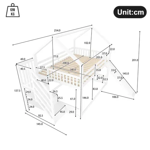 Lit Mezzanine Lit Cabane 140x200cm Avec Escalier Avec Rangement Et Toboggans Blanc