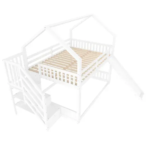 Lit Mezzanine Lit Cabane 140x200cm Avec Escalier Avec Rangement Et Toboggans Blanc