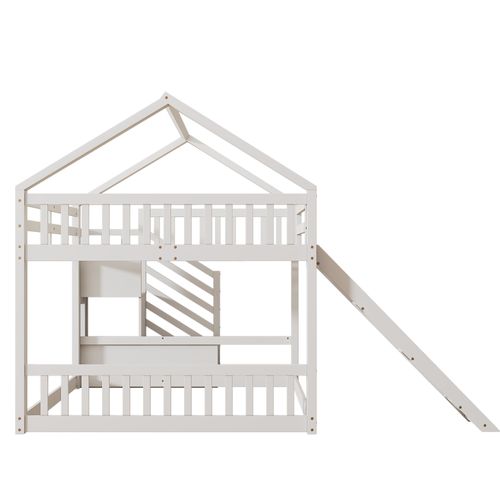 Lit Mezzanine Lit Cabane 140x200cm Avec Escalier Avec Rangement Et Toboggans Blanc