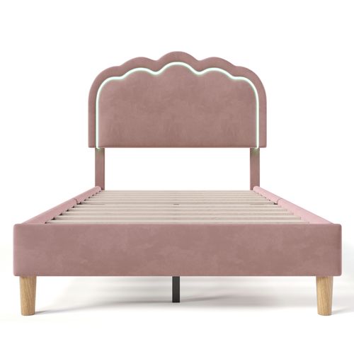 Lit Enfant 90 X 190cm Avec Tête De Lit Réglable En Hauteur Et LED Velours Rose