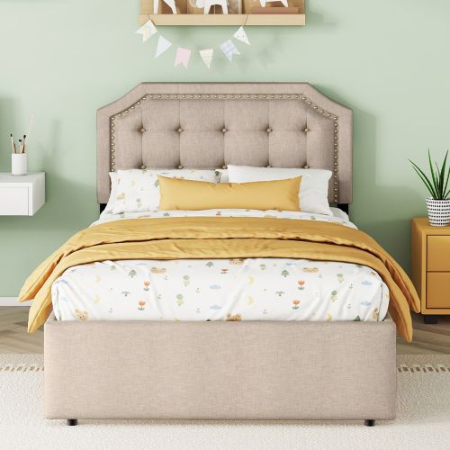 Lit Adulte 90x200cm Avec 2 Tiroirs Marron - Lit Avec Rangement Beige Bois
