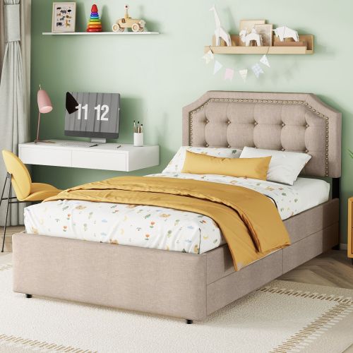 Lit Adulte 90x200cm Avec 2 Tiroirs Marron - Lit Avec Rangement Beige Bois