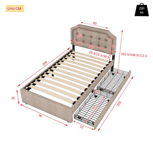 Lit Adulte 90x200cm Avec 2 Tiroirs Marron - Lit Avec Rangement Beige Bois