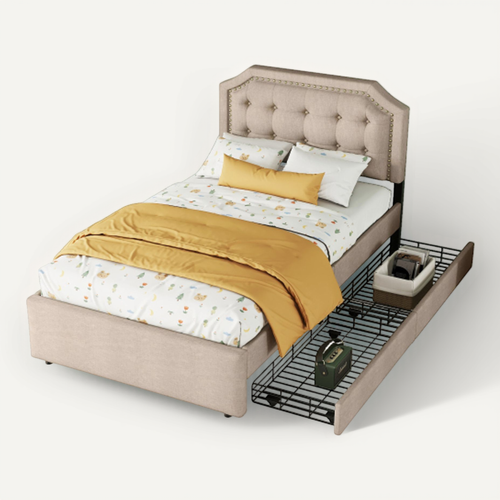 Lit Adulte 90x200cm Avec 2 Tiroirs Marron - Lit Avec Rangement Beige Bois