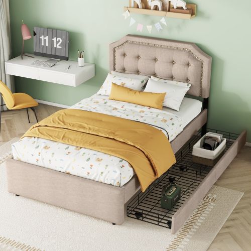 Lit Adulte 90x200cm Avec 2 Tiroirs Marron - Lit Avec Rangement Beige Bois