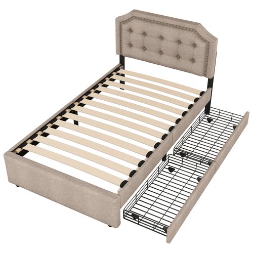 Lit Adulte 90x200cm Avec 2 Tiroirs Marron - Lit Avec Rangement Beige Bois