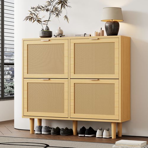 Meuble à Chaussures En Rotin Naturel Avec 4 Tiroirs Rabattables Et Poignées En Métal