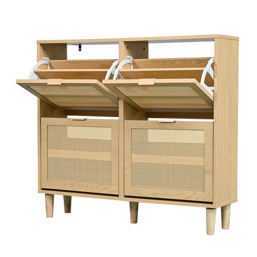 Meuble à Chaussures En Rotin Naturel Avec 4 Tiroirs Rabattables Et Poignées En Métal