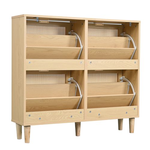 Meuble à Chaussures 4 Tiroirs En Rotin & Bois Chêne - Rangement Entrée, Salon, Portes Courbes, Design Aéré