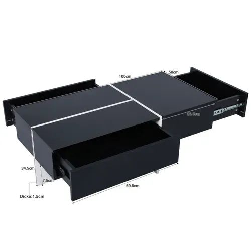 Table Basse Brillante Avec LED Et 3 Tiroirs, Placage Marbre, Noir