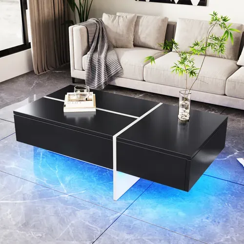 Table Basse Brillante Avec LED Et 3 Tiroirs, Placage Marbre, Noir