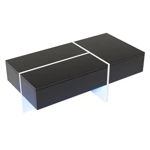 Table Basse Brillante Avec LED Et 3 Tiroirs, Placage Marbre, Noir