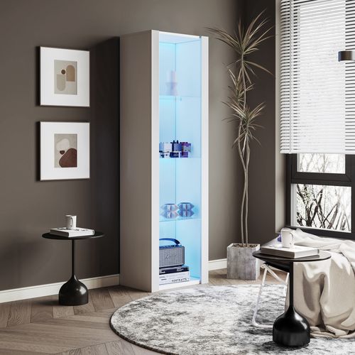 Vitrine Blanche Brillante Avec Éclairage LED Et 3 Étagères En Verre 55*38*166 Cm