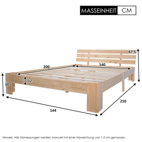 Lit Double En Bois Avec Sommier À Lattes 200 X 140 Cm Naturel