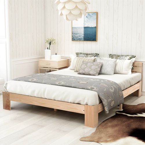 Lit Double En Bois Avec Sommier À Lattes 200 X 140 Cm Naturel