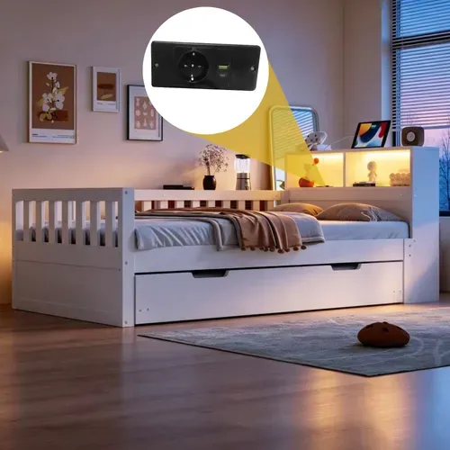 Lit Gigogne 90x190/200 Cm Avec Lit Tiroir, LED, USB Et Barrières De Sécurité, Blanc