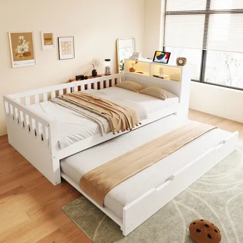 Lit Gigogne 90x190/200 Cm Avec Lit Tiroir, LED, USB Et Barrières De Sécurité, Blanc