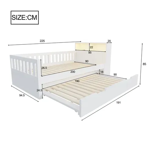 Lit Gigogne 90x190/200 Cm Avec Lit Tiroir, LED, USB Et Barrières De Sécurité, Blanc