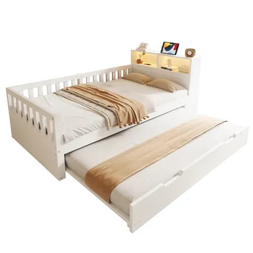 Lit Gigogne 90x190/200 Cm Avec Lit Tiroir, LED, USB Et Barrières De Sécurité, Blanc