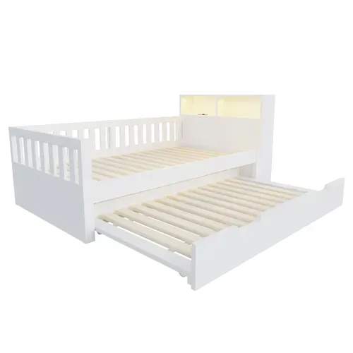 Lit Gigogne 90x190/200 Cm Avec Lit Tiroir, LED, USB Et Barrières De Sécurité, Blanc