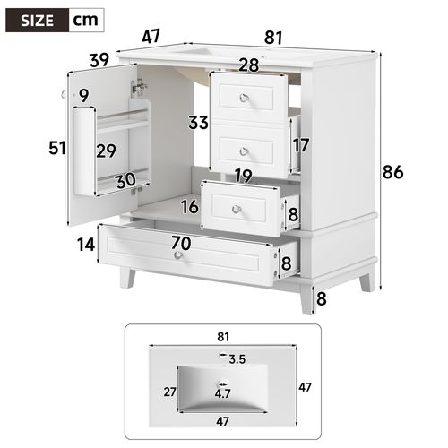 Meuble De Salle De Bain 81 Cm Avec 3 Tiroirs, Blanc