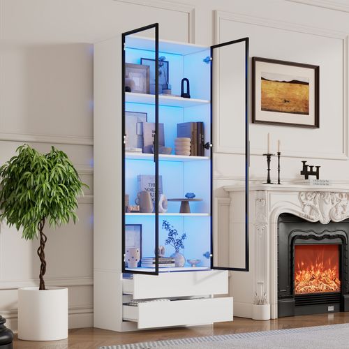Vitrine Haute 200 Cm Avec LED, 2 Portes Vitrées Et 2 Tiroirs, Blanc