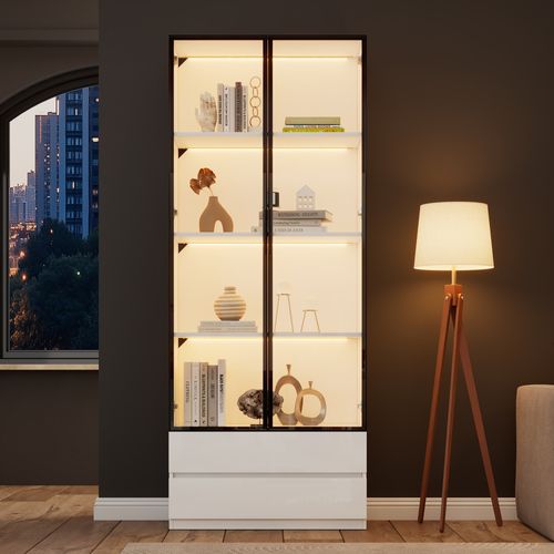 Vitrine Haute 200 Cm Avec LED, 2 Portes Vitrées Et 2 Tiroirs, Blanc