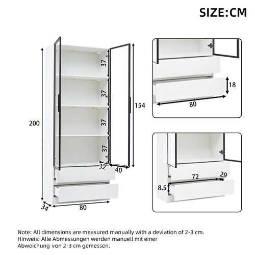 Vitrine Haute 200 Cm Avec LED, 2 Portes Vitrées Et 2 Tiroirs, Blanc