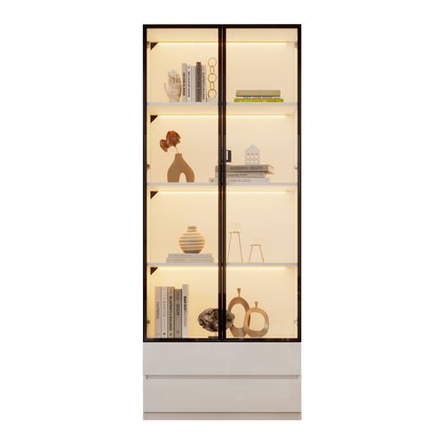 Vitrine Haute 200 Cm Avec LED, 2 Portes Vitrées Et 2 Tiroirs, Blanc