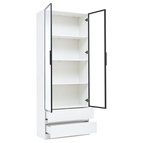 Vitrine Haute 200 Cm Avec LED, 2 Portes Vitrées Et 2 Tiroirs, Blanc