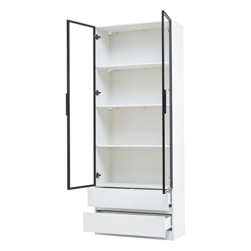 Vitrine Haute 200 Cm Avec LED, 2 Portes Vitrées Et 2 Tiroirs, Blanc