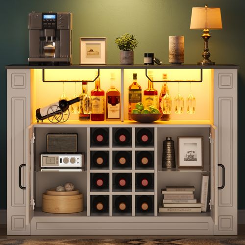 Meuble Bar 120x35x84 Cm Avec LED Et 12 Porte-bouteilles, Blanc