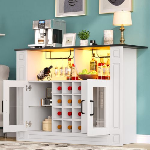 Meuble Bar 120x35x84 Cm Avec LED Et 12 Porte-bouteilles, Blanc