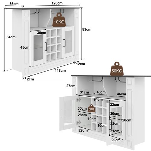 Meuble Bar 120x35x84 Cm Avec LED Et 12 Porte-bouteilles, Blanc