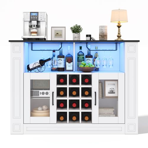 Meuble Bar 120x35x84 Cm Avec LED Et 12 Porte-bouteilles, Blanc