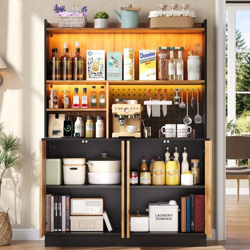 Buffet De Cuisine 120x43x160 Cm Avec LED, Prises USB Et Panneau Perforé, Bois Naturel Et Noir