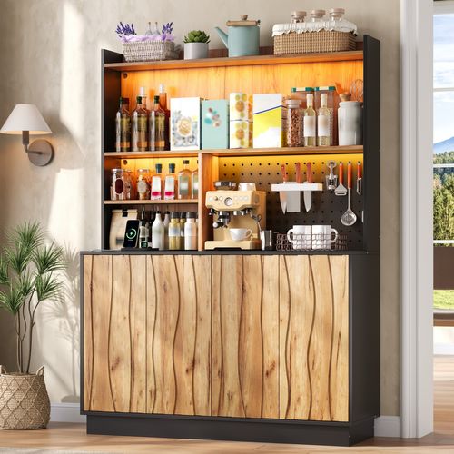 Buffet De Cuisine 120x43x160 Cm Avec LED, Prises USB Et Panneau Perforé, Bois Naturel Et Noir