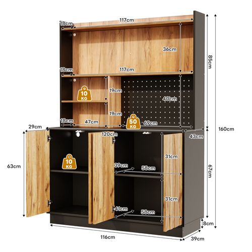 Buffet De Cuisine 120x43x160 Cm Avec LED, Prises USB Et Panneau Perforé, Bois Naturel Et Noir