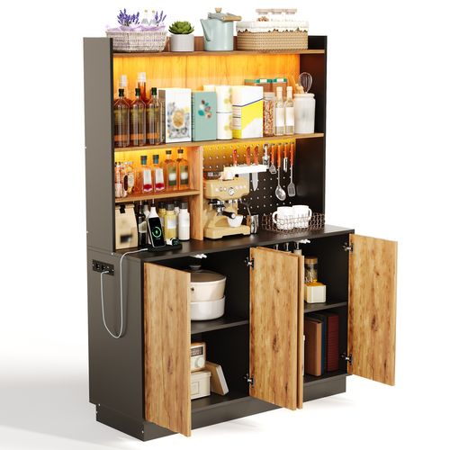 Buffet De Cuisine 120x43x160 Cm Avec LED, Prises USB Et Panneau Perforé, Bois Naturel Et Noir